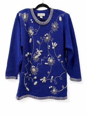 Victoria Harbour Women’s Sweater Embellished Beaded Pearl Blue Vintage 90s M